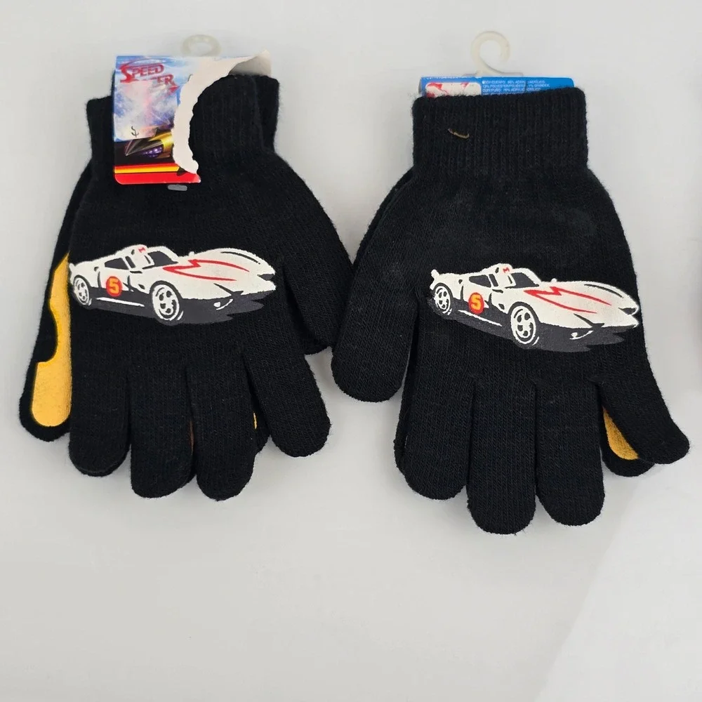 Speed Racer Kid Small Adult Knit Stretch Gloves Mach 5 Race Car Flame Black VTG